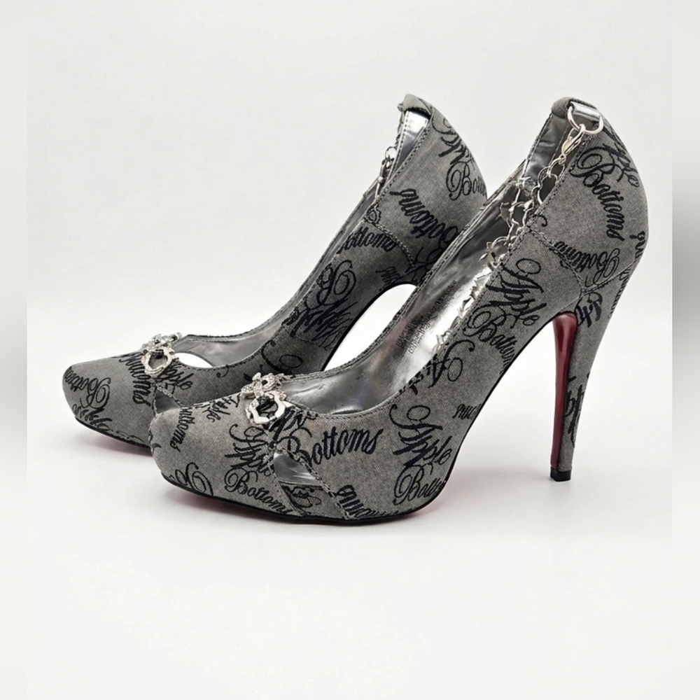 Apple Bottoms Monogram Y2K Denim Heels with Rhinestone Chain Detail - Picture 2 of 5